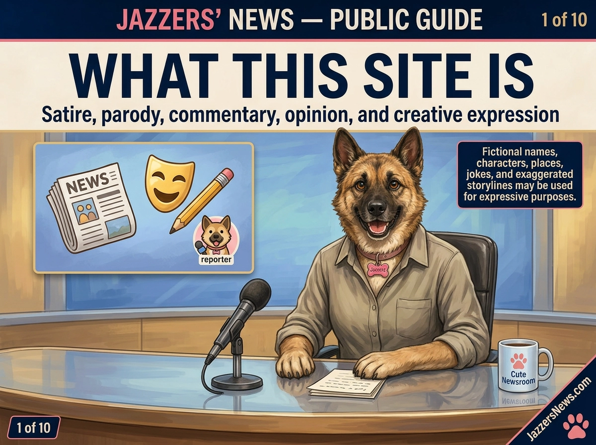 Jazzers at a cheerful newsroom desk introducing a public guide explaining that the website uses satire, parody, commentary, and creative expression.