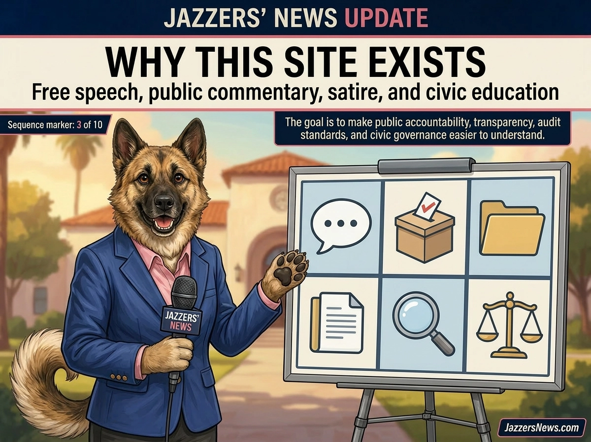 Jazzers reports on why the site exists, with visual symbols for free speech, petition, public accountability, and civic education.