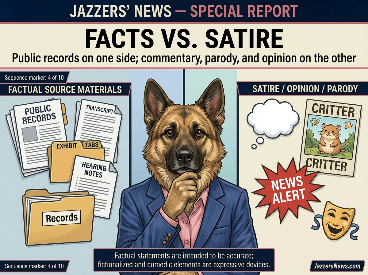 Jazzers compares factual source materials with satire and opinion using a split-screen newsroom explainer.