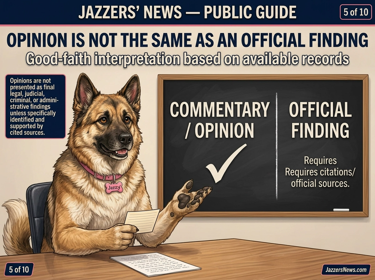 Jazzers explains that opinions on the site are good-faith commentary, not final legal or judicial findings.