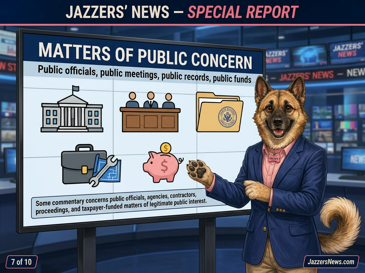 Jazzers reports on matters of public concern, with civic icons representing public officials, agencies, taxpayer funds, and public meetings.