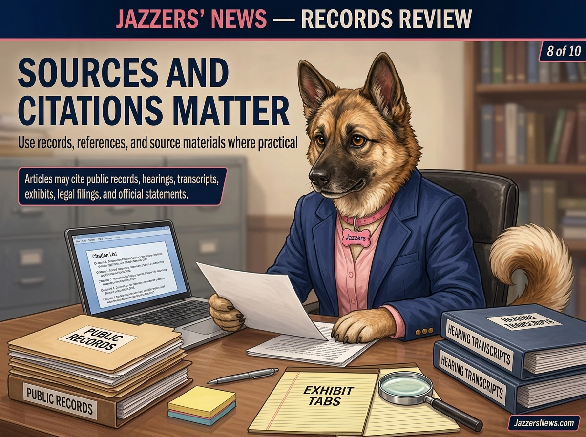 Jazzers reviews source materials like transcripts, public records, exhibits, and filings in a newsroom records segment.