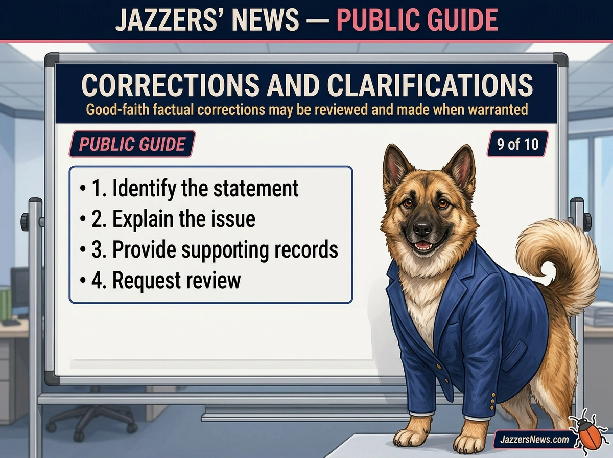 Jazzers invites readers to request corrections using a clear three-step process shown on a newsroom notice board.